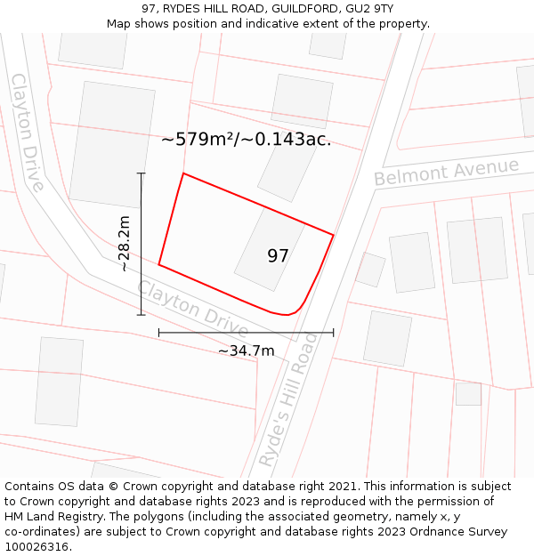 97, RYDES HILL ROAD, GUILDFORD, GU2 9TY: Plot and title map