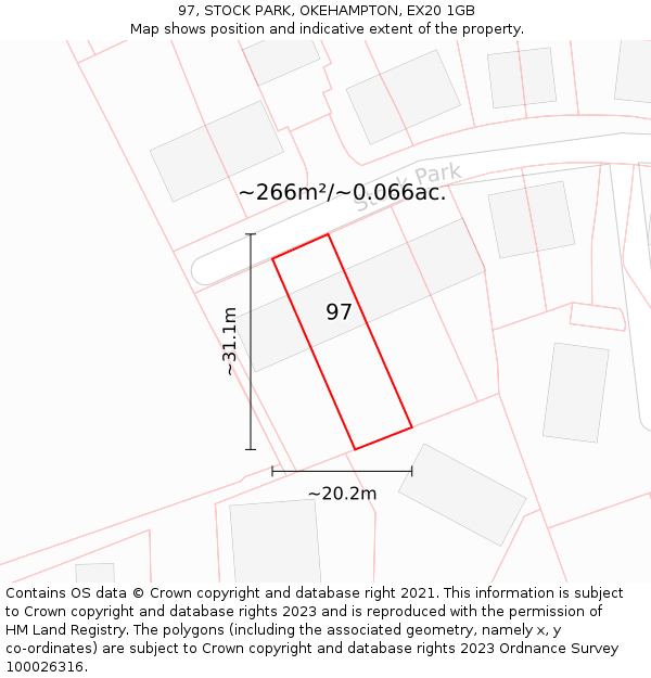 97, STOCK PARK, OKEHAMPTON, EX20 1GB: Plot and title map