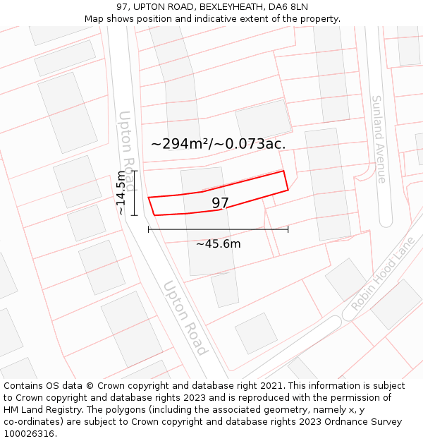 97, UPTON ROAD, BEXLEYHEATH, DA6 8LN: Plot and title map