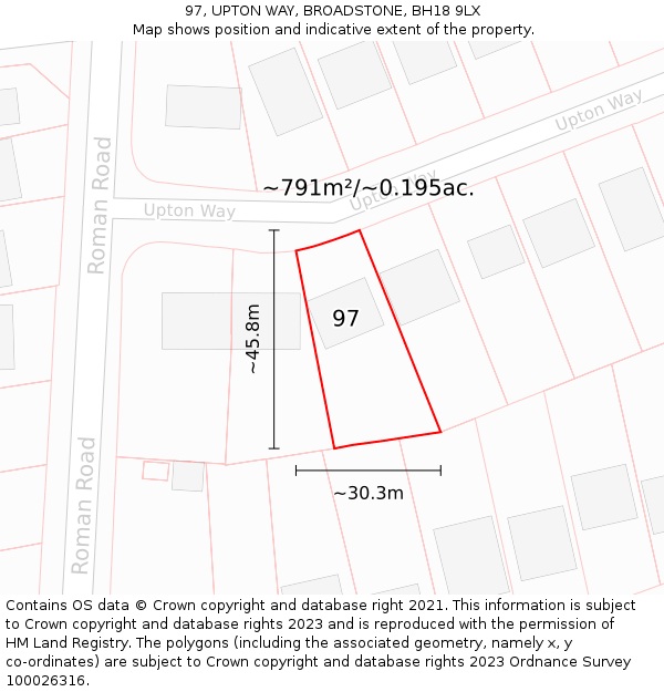 97, UPTON WAY, BROADSTONE, BH18 9LX: Plot and title map