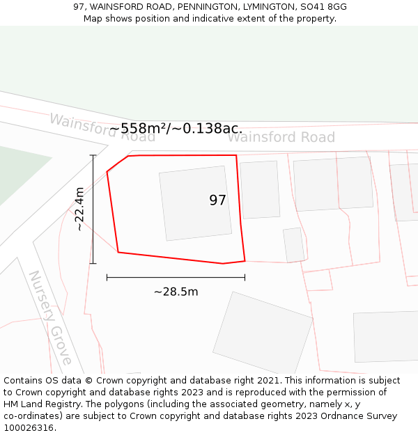 97, WAINSFORD ROAD, PENNINGTON, LYMINGTON, SO41 8GG: Plot and title map