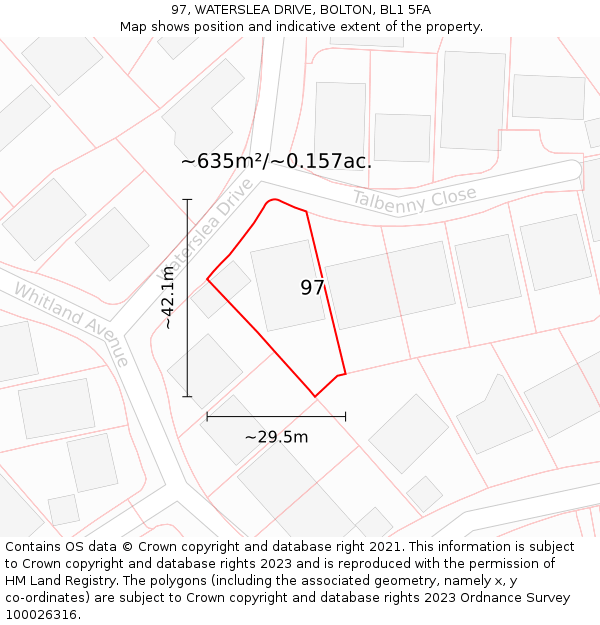 97, WATERSLEA DRIVE, BOLTON, BL1 5FA: Plot and title map