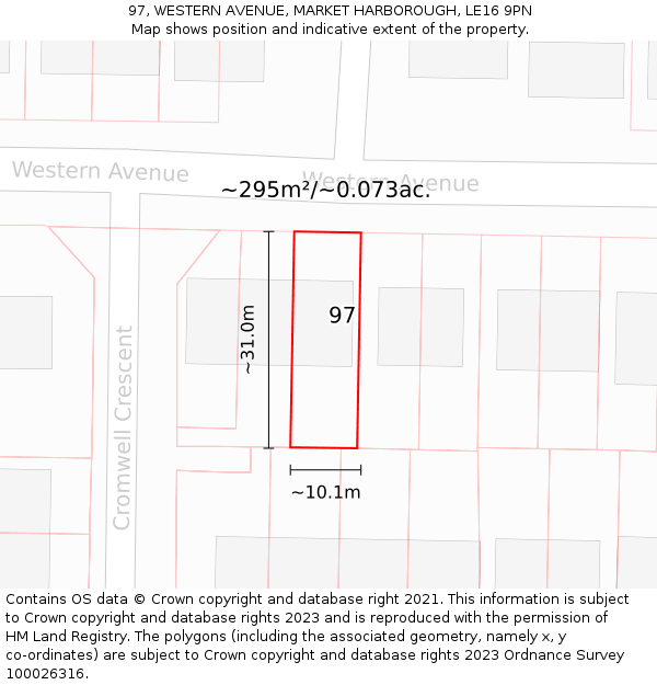 97, WESTERN AVENUE, MARKET HARBOROUGH, LE16 9PN: Plot and title map