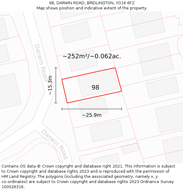 98, DARWIN ROAD, BRIDLINGTON, YO16 6FZ: Plot and title map