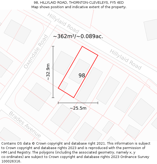 98, HILLYLAID ROAD, THORNTON-CLEVELEYS, FY5 4ED: Plot and title map