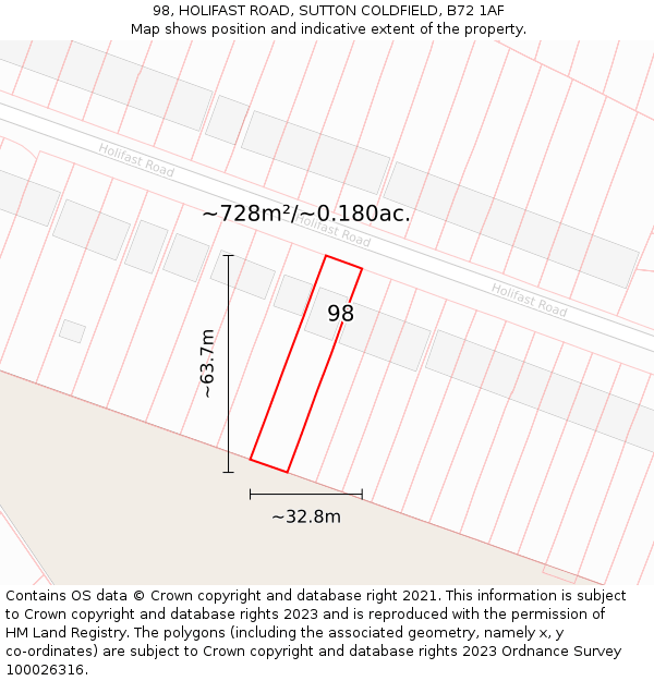 98, HOLIFAST ROAD, SUTTON COLDFIELD, B72 1AF: Plot and title map