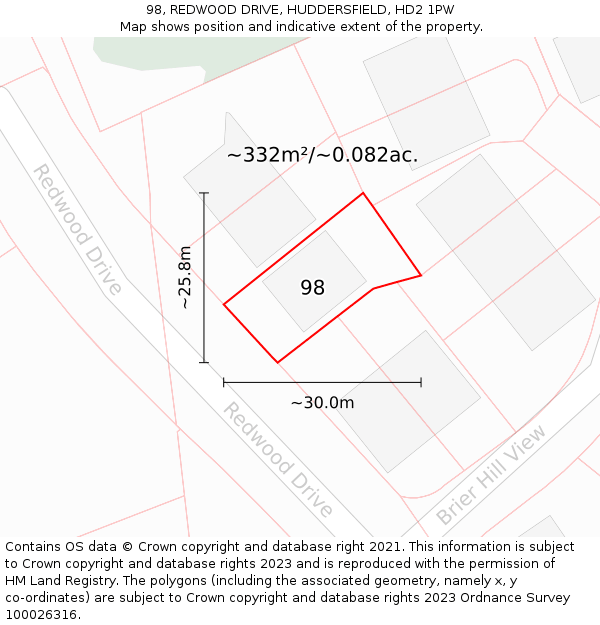 98, REDWOOD DRIVE, HUDDERSFIELD, HD2 1PW: Plot and title map