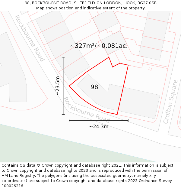 98, ROCKBOURNE ROAD, SHERFIELD-ON-LODDON, HOOK, RG27 0SR: Plot and title map