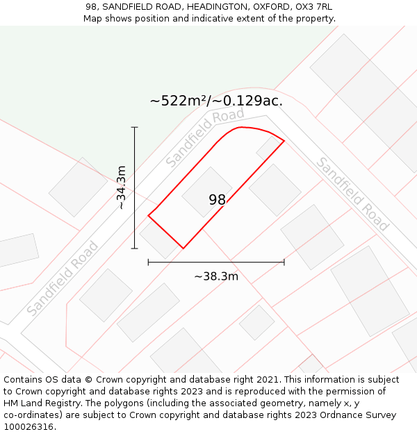 98, SANDFIELD ROAD, HEADINGTON, OXFORD, OX3 7RL: Plot and title map