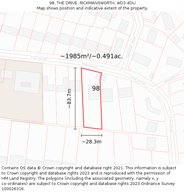 98, THE DRIVE, RICKMANSWORTH, WD3 4DU: Plot and title map