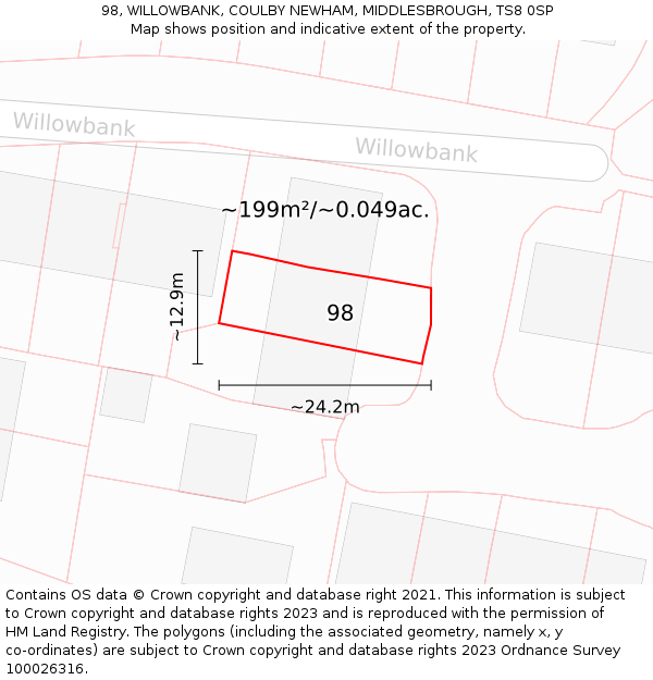 98, WILLOWBANK, COULBY NEWHAM, MIDDLESBROUGH, TS8 0SP: Plot and title map