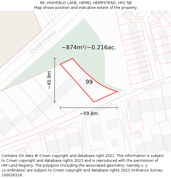 99, HIGHFIELD LANE, HEMEL HEMPSTEAD, HP2 5JE: Plot and title map