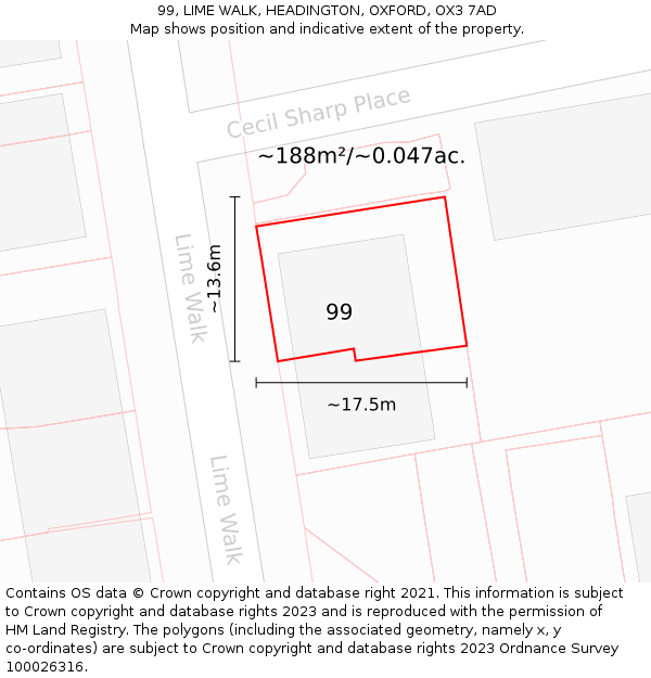 99, LIME WALK, HEADINGTON, OXFORD, OX3 7AD: Plot and title map