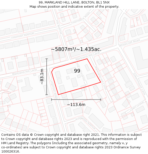 99, MARKLAND HILL LANE, BOLTON, BL1 5NX: Plot and title map