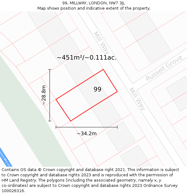 99, MILLWAY, LONDON, NW7 3JL: Plot and title map