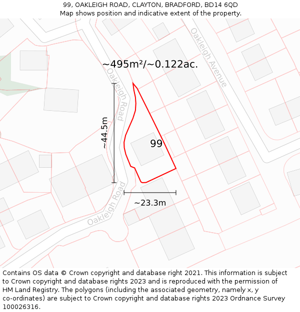 99, OAKLEIGH ROAD, CLAYTON, BRADFORD, BD14 6QD: Plot and title map