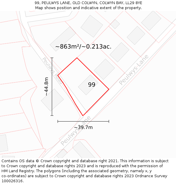 99, PEULWYS LANE, OLD COLWYN, COLWYN BAY, LL29 8YE: Plot and title map