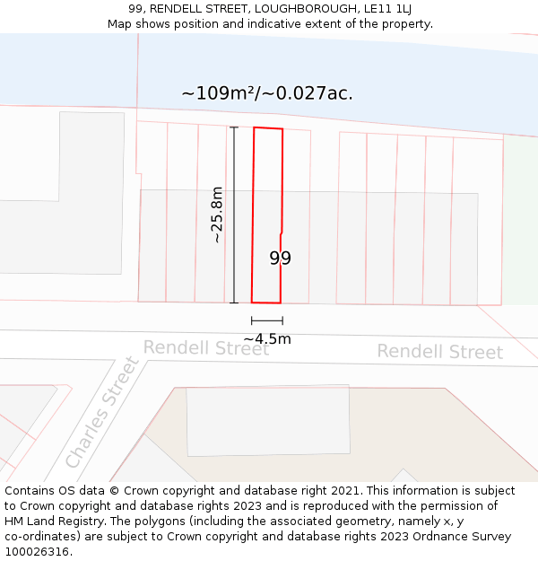 99, RENDELL STREET, LOUGHBOROUGH, LE11 1LJ: Plot and title map