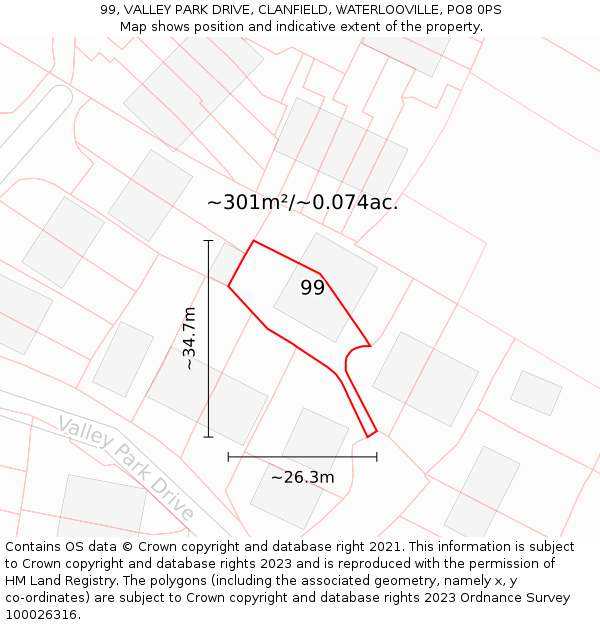 99, VALLEY PARK DRIVE, CLANFIELD, WATERLOOVILLE, PO8 0PS: Plot and title map