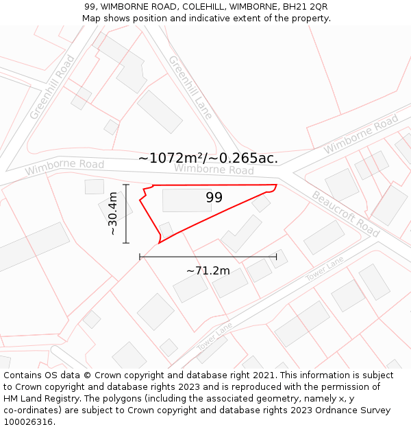 99, WIMBORNE ROAD, COLEHILL, WIMBORNE, BH21 2QR: Plot and title map