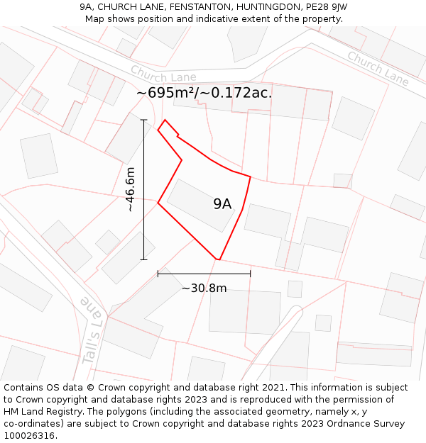 9A, CHURCH LANE, FENSTANTON, HUNTINGDON, PE28 9JW: Plot and title map