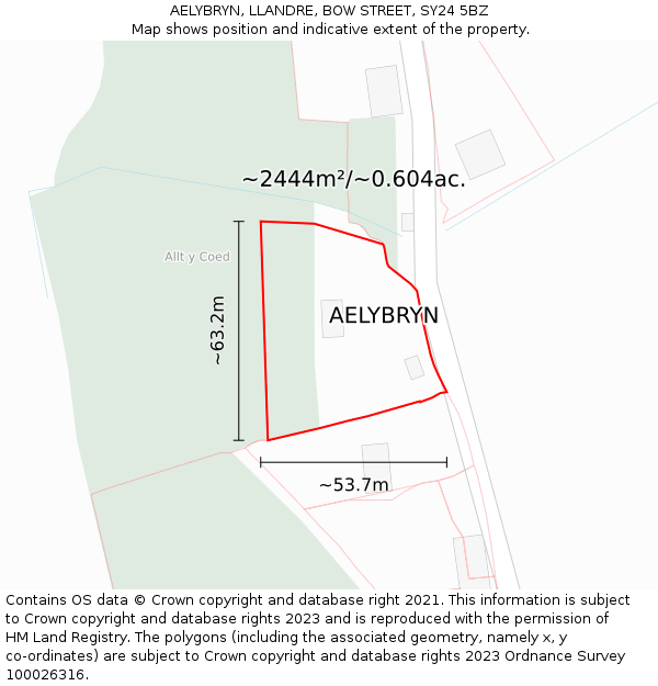 AELYBRYN, LLANDRE, BOW STREET, SY24 5BZ: Plot and title map