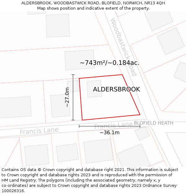 ALDERSBROOK, WOODBASTWICK ROAD, BLOFIELD, NORWICH, NR13 4QH: Plot and title map