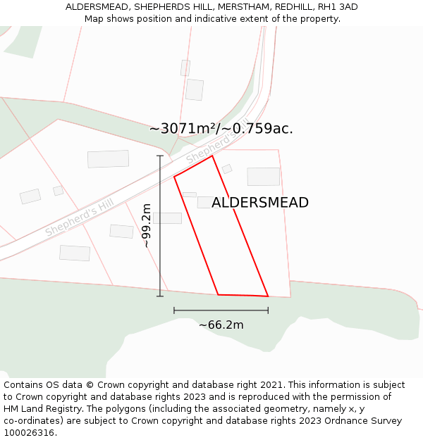 ALDERSMEAD, SHEPHERDS HILL, MERSTHAM, REDHILL, RH1 3AD: Plot and title map