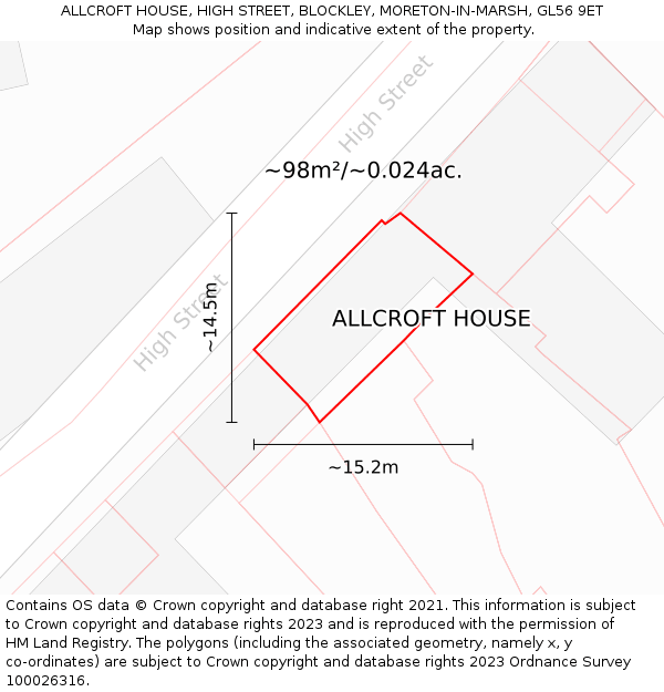 ALLCROFT HOUSE, HIGH STREET, BLOCKLEY, MORETON-IN-MARSH, GL56 9ET: Plot and title map