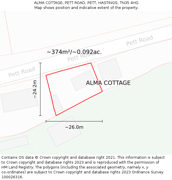 ALMA COTTAGE, PETT ROAD, PETT, HASTINGS, TN35 4HG: Plot and title map