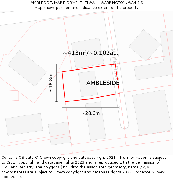 AMBLESIDE, MARIE DRIVE, THELWALL, WARRINGTON, WA4 3JS: Plot and title map