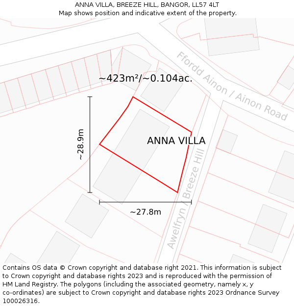 ANNA VILLA, BREEZE HILL, BANGOR, LL57 4LT: Plot and title map