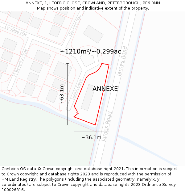 ANNEXE, 1, LEOFRIC CLOSE, CROWLAND, PETERBOROUGH, PE6 0NN: Plot and title map