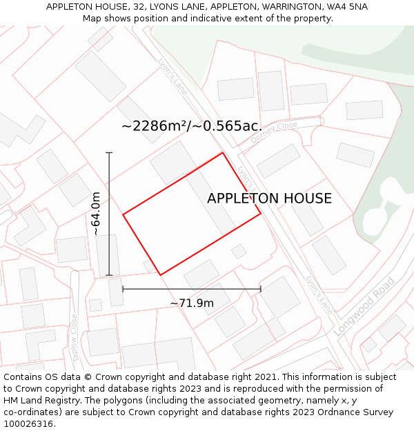 APPLETON HOUSE, 32, LYONS LANE, APPLETON, WARRINGTON, WA4 5NA: Plot and title map