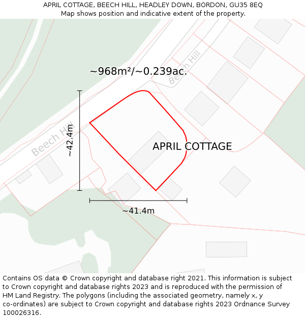 APRIL COTTAGE, BEECH HILL, HEADLEY DOWN, BORDON, GU35 8EQ: Plot and title map