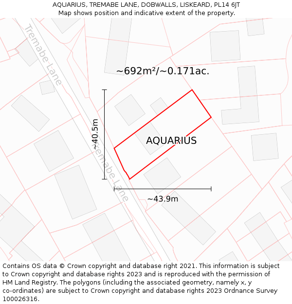 AQUARIUS, TREMABE LANE, DOBWALLS, LISKEARD, PL14 6JT: Plot and title map