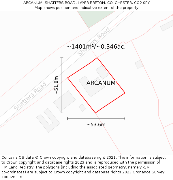 ARCANUM, SHATTERS ROAD, LAYER BRETON, COLCHESTER, CO2 0PY: Plot and title map