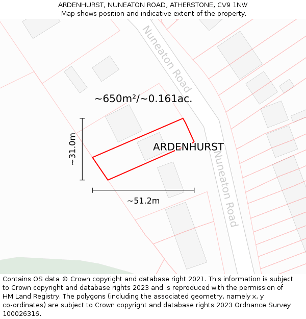 ARDENHURST, NUNEATON ROAD, ATHERSTONE, CV9 1NW: Plot and title map