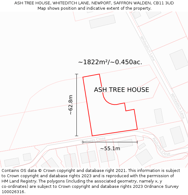 ASH TREE HOUSE, WHITEDITCH LANE, NEWPORT, SAFFRON WALDEN, CB11 3UD: Plot and title map