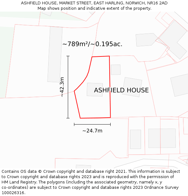 ASHFIELD HOUSE, MARKET STREET, EAST HARLING, NORWICH, NR16 2AD: Plot and title map