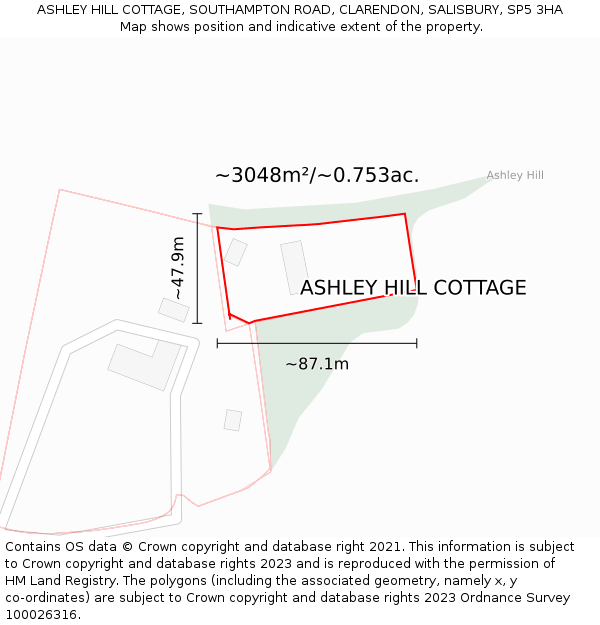 ASHLEY HILL COTTAGE, SOUTHAMPTON ROAD, CLARENDON, SALISBURY, SP5 3HA: Plot and title map