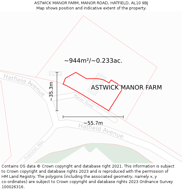 ASTWICK MANOR FARM, MANOR ROAD, HATFIELD, AL10 9BJ: Plot and title map