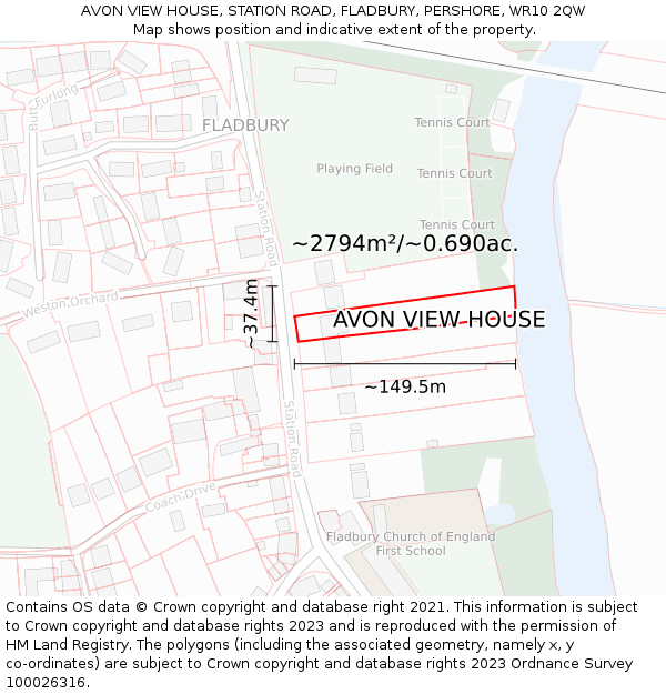 AVON VIEW HOUSE, STATION ROAD, FLADBURY, PERSHORE, WR10 2QW: Plot and title map