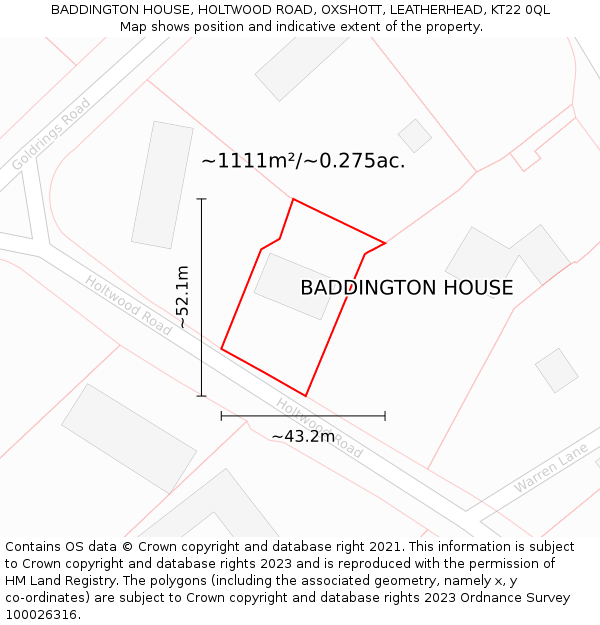 BADDINGTON HOUSE, HOLTWOOD ROAD, OXSHOTT, LEATHERHEAD, KT22 0QL: Plot and title map