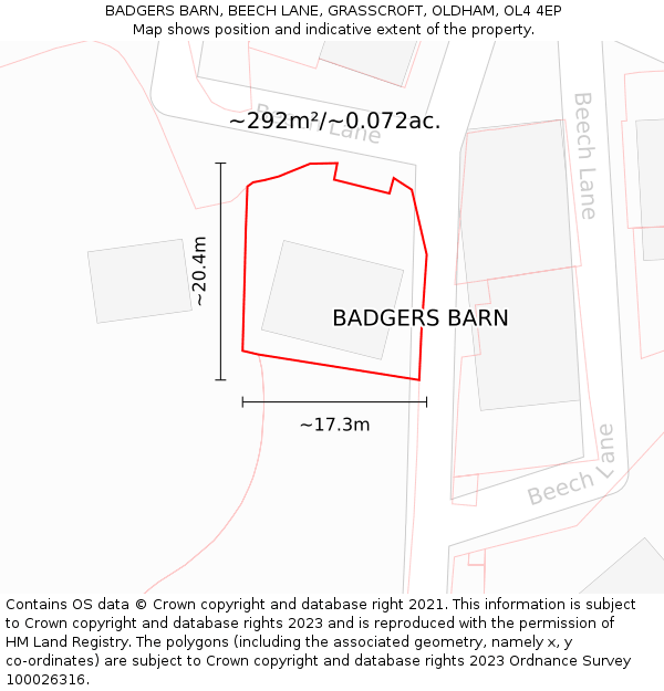 BADGERS BARN, BEECH LANE, GRASSCROFT, OLDHAM, OL4 4EP: Plot and title map