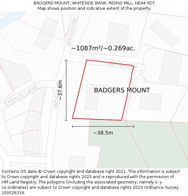 BADGERS MOUNT, WHITESIDE BANK, RIDING MILL, NE44 6DT: Plot and title map