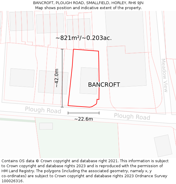 BANCROFT, PLOUGH ROAD, SMALLFIELD, HORLEY, RH6 9JN: Plot and title map