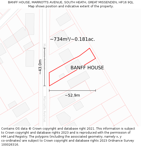 BANFF HOUSE, MARRIOTTS AVENUE, SOUTH HEATH, GREAT MISSENDEN, HP16 9QL: Plot and title map