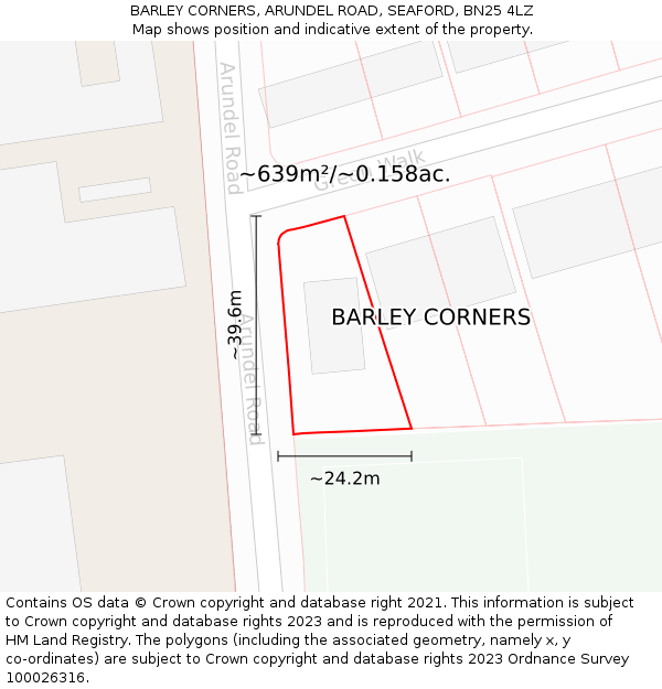 BARLEY CORNERS, ARUNDEL ROAD, SEAFORD, BN25 4LZ: Plot and title map