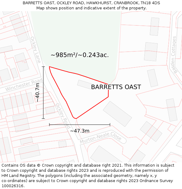 BARRETTS OAST, OCKLEY ROAD, HAWKHURST, CRANBROOK, TN18 4DS: Plot and title map